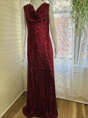 Cachet Wine Red Sequin Cowl Neck Maxi Dress